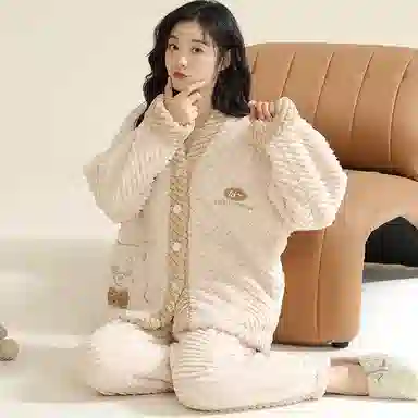 莫代尔 秋冬季珊瑚绒加绒加厚法兰绒秋冬款女士纹理感家居服冬天舒适睡衣套装 女款