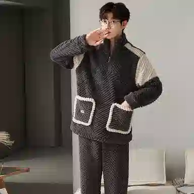 莫代尔 秋冬季珊瑚绒加厚加绒青少年学生大童男士大码法兰绒睡衣套装 男款