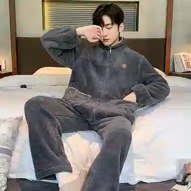 莫代尔 男士秋冬季冬款男生加厚加绒保暖珊瑚绒拉链可外穿家居服柔软睡衣套装 男款