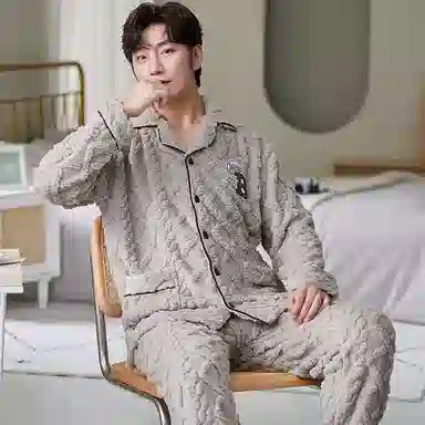 莫代尔 男士冬季珊瑚绒加厚加绒大码男生秋冬天保暖法兰绒家居服睡衣套装 男款