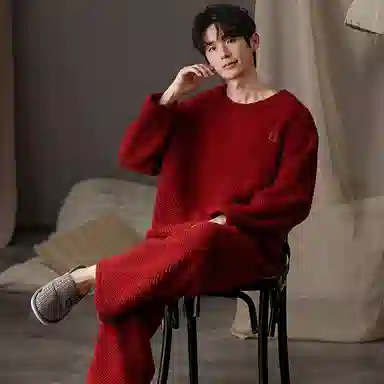 莫代尔 情侣秋冬季珊瑚绒红色家居服加厚结婚喜庆柔软舒适保暖睡衣套装 男款