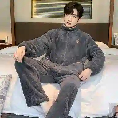 莫代尔 男士秋冬季冬款男生加厚加绒保暖珊瑚绒拉链可外穿家居服柔软睡衣套装 男款