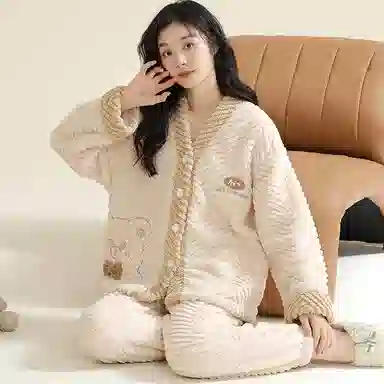 莫代尔 秋冬季珊瑚绒加绒加厚法兰绒秋冬款女士纹理感家居服冬天舒适睡衣套装 女款