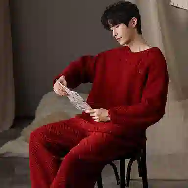 莫代尔 情侣秋冬季珊瑚绒红色家居服加厚结婚喜庆柔软舒适保暖睡衣套装 男款