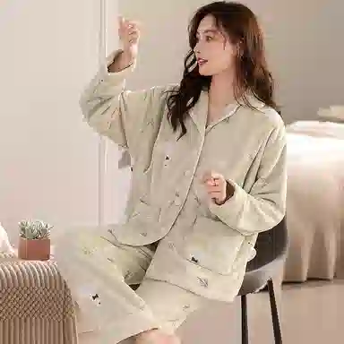 莫代尔 冬季加厚加绒怀孕期珊瑚绒月子服秋冬款产后哺乳家居服女士睡衣套装 女款