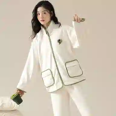 莫代尔 珊瑚绒秋冬季加厚保暖法兰绒简约纯色家居服冬天舒适柔软睡衣套装 女款