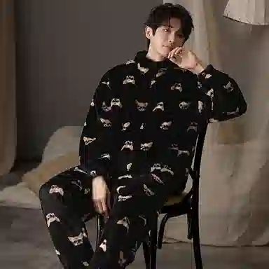 莫代尔 秋冬季珊瑚绒加绒加厚保暖法兰绒休闲拉链款家居服可外穿舒适睡衣套装 男款