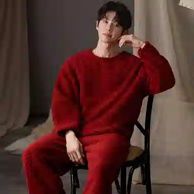 莫代尔 情侣秋冬季珊瑚绒红色家居服加厚结婚喜庆柔软舒适保暖睡衣套装 男款