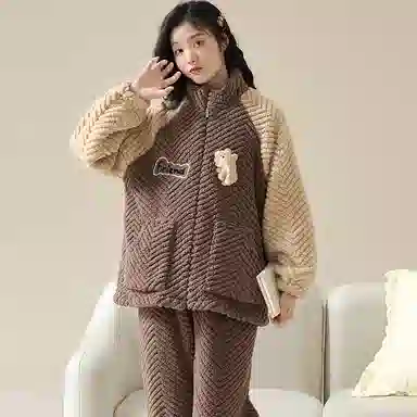 莫代尔 珊瑚绒冬季加绒加厚两件套秋冬拉链法兰绒家居服女士保暖睡衣套装 女款