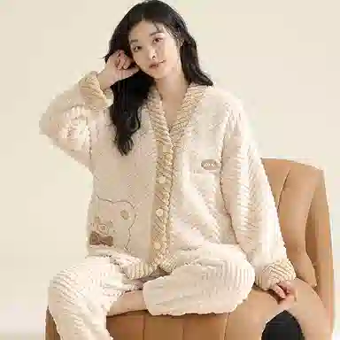 莫代尔 秋冬季珊瑚绒加绒加厚法兰绒秋冬款女士纹理感家居服冬天舒适睡衣套装 女款