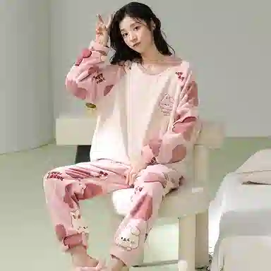 莫代尔 冬季加绒加厚珊瑚绒春秋法兰绒保暖可爱家居服女士柔软睡衣套装 女款