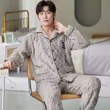 莫代尔 男士冬季珊瑚绒加厚加绒大码男生秋冬天保暖法兰绒家居服睡衣套装 男款