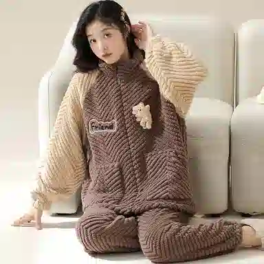 莫代尔 珊瑚绒冬季加绒加厚两件套秋冬拉链法兰绒家居服女士保暖睡衣套装 女款