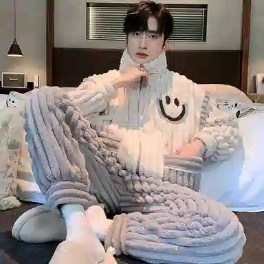 莫代尔 珊瑚绒男秋冬季加绒加厚男生拉链保暖法兰绒男士冬天款家居服睡衣套装 女款