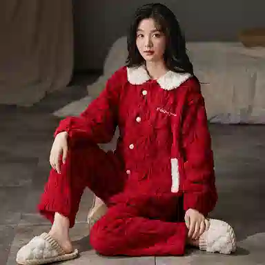 莫代尔 珊瑚绒女士秋冬季加绒厚保暖大红喜庆结婚家居服舒适睡衣套装 女款