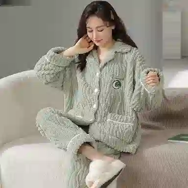 莫代尔 条纹秋冬季天大码半边绒家居服珊瑚绒加绒加厚女士舒适睡衣套装 女款