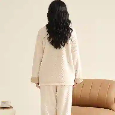 莫代尔 秋冬季珊瑚绒加绒加厚法兰绒秋冬款女士纹理感家居服冬天舒适睡衣套装 女款