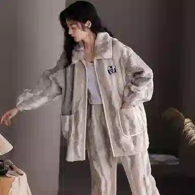 莫代尔 法兰绒冬季加绒加厚珊瑚绒蓄热保暖家居服可外穿舒适睡衣套装 女款