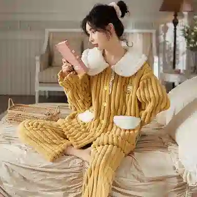 莫代尔 秋冬款珊瑚绒加绒加厚女士冬天宫廷风家居服冬季舒适睡衣套装 女款