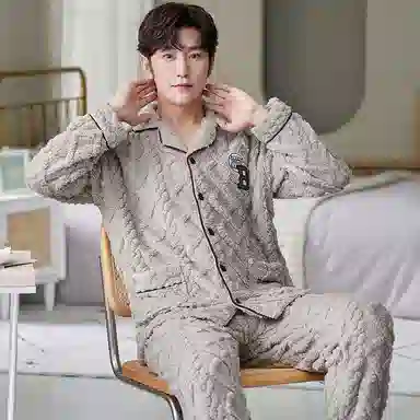 莫代尔 男士冬季珊瑚绒加厚加绒大码男生秋冬天保暖法兰绒家居服睡衣套装 男款