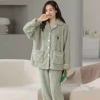 莫代尔 条纹秋冬季天大码半边绒家居服珊瑚绒加绒加厚女士舒适睡衣套装 女款