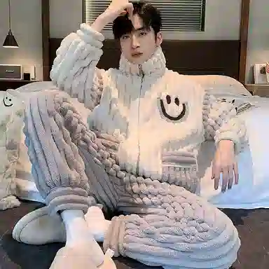 莫代尔 珊瑚绒男秋冬季加绒加厚男生拉链保暖法兰绒男士冬天款家居服睡衣套装 女款