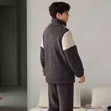 莫代尔 秋冬季珊瑚绒加厚加绒青少年学生大童男士大码法兰绒睡衣套装 男款