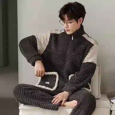 莫代尔 秋冬季珊瑚绒加厚加绒青少年学生大童男士大码法兰绒睡衣套装 男款