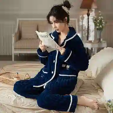 莫代尔 珊瑚绒加绒加厚秋冬季法兰绒家居服可外穿大码女士保暖睡衣套装 女款