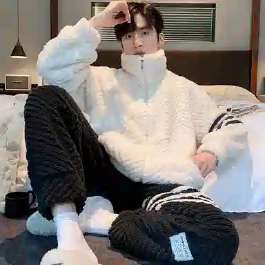 莫代尔 加绒加厚珊瑚绒秋冬季保暖法兰绒休闲时尚青年男生家居服睡衣套装 男款