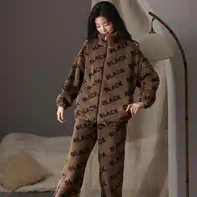 莫代尔 秋冬季珊瑚绒加绒加厚法兰绒冬款女士软乎家居服冬天保暖睡衣套装 女款