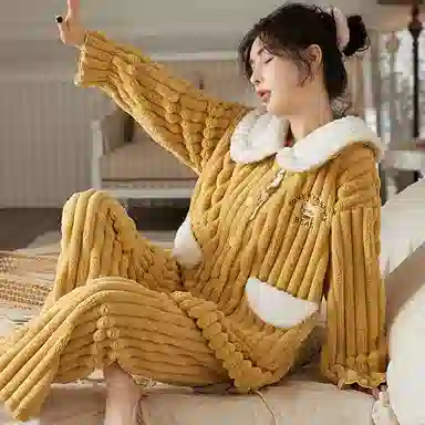 莫代尔 秋冬款珊瑚绒加绒加厚女士冬天宫廷风家居服冬季舒适睡衣套装 女款