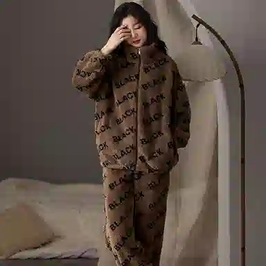 莫代尔 秋冬季珊瑚绒加绒加厚法兰绒冬款女士软乎家居服冬天保暖睡衣套装 女款