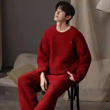 莫代尔 情侣秋冬季珊瑚绒红色家居服加厚结婚喜庆柔软舒适保暖睡衣套装 男款