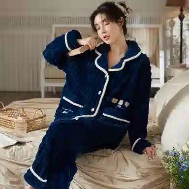 莫代尔 珊瑚绒加绒加厚秋冬季法兰绒家居服可外穿大码女士保暖睡衣套装 女款