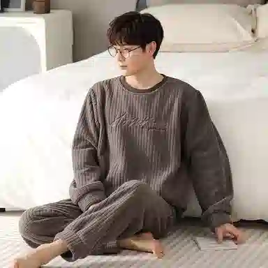 莫代尔 男士秋冬季加厚加绒套头长袖保暖珊瑚绒海岛绒家居服睡衣套装 男款