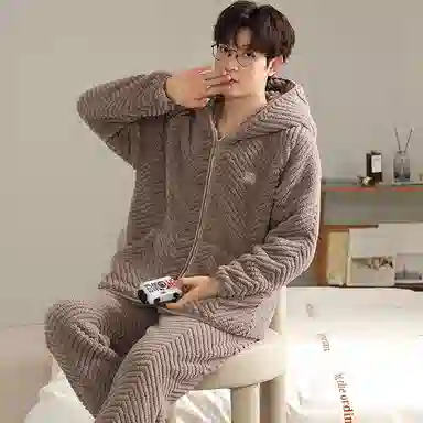 莫代尔 珊瑚绒男法兰绒冬老人男士老年人可外穿居家服中老年睡衣套装 男款