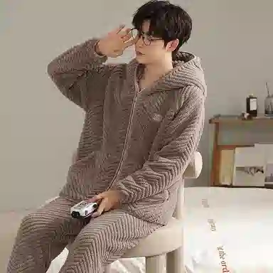 莫代尔 珊瑚绒男法兰绒冬老人男士老年人可外穿居家服中老年睡衣套装 男款