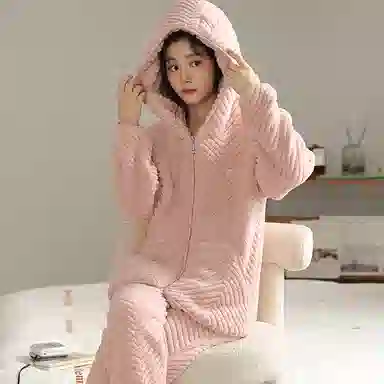 莫代尔 珊瑚绒女秋冬季加厚套头连帽法兰绒保暖家居服冬天舒适睡衣套装 女款