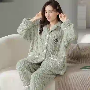 莫代尔 条纹秋冬季天大码半边绒家居服珊瑚绒加绒加厚女士舒适睡衣套装 女款