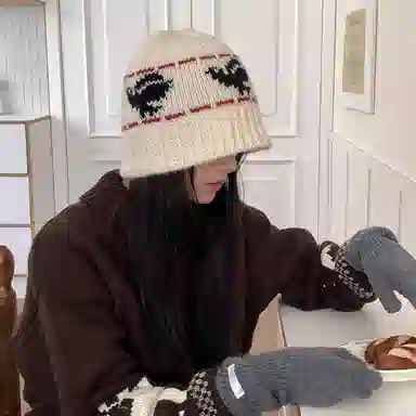 【提花和平鸽】 无限兔 复古针织帽秋冬季保暖渔夫帽加厚护耳水桶帽韩系户外显脸小时尚百搭毛线防寒帽 涤纶 绒线帽 男女同款情侣款