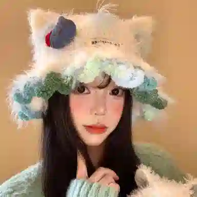 【可爱小猫咪kt】 无限兔 花边百搭冬季大头围保暖防寒针织帽毛绒绒卡通水桶护耳包头帽渔夫帽户外出行 涤纶 绒线帽 男女同款情侣款