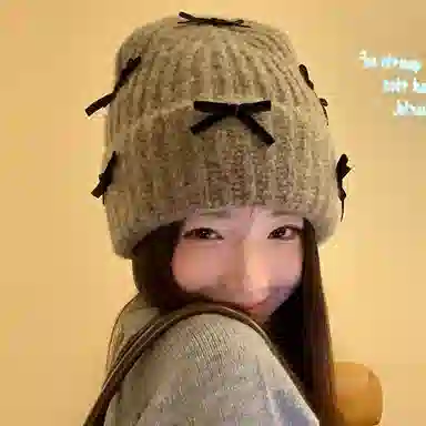 【可爱蝴蝶结】 无限兔 冬季保暖加厚套头帽百搭甜美防寒冷帽包头帽时尚大头围包头帽毛线针织帽子 聚酯纤维 绒线帽 男女同款情侣款