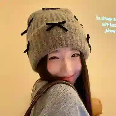 【可爱蝴蝶结】 无限兔 冬季保暖加厚套头帽百搭甜美防寒冷帽包头帽时尚大头围包头帽毛线针织帽子 聚酯纤维 绒线帽 男女同款情侣款