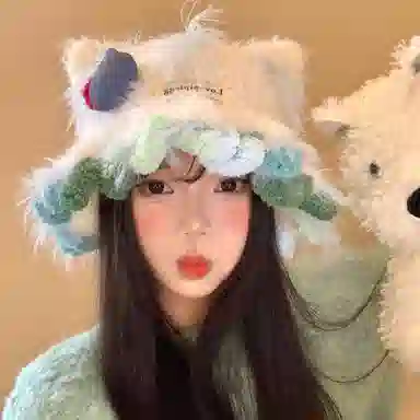 【可爱小猫咪kt】 无限兔 花边百搭冬季大头围保暖防寒针织帽毛绒绒卡通水桶护耳包头帽渔夫帽户外出行 涤纶 绒线帽 男女同款情侣款