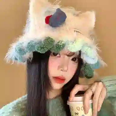 【可爱小猫咪kt】 无限兔 花边百搭冬季大头围保暖防寒针织帽毛绒绒卡通水桶护耳包头帽渔夫帽户外出行 涤纶 绒线帽 男女同款情侣款