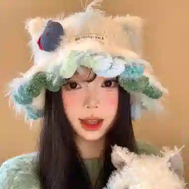 【可爱小猫咪kt】 无限兔 花边百搭冬季大头围保暖防寒针织帽毛绒绒卡通水桶护耳包头帽渔夫帽户外出行 涤纶 绒线帽 男女同款情侣款