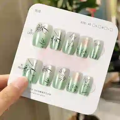 计轩 福光竹影  穿戴甲 短方圆绿色渐变 新中式