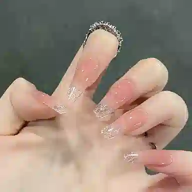 计轩 纯欲碎碎冰冰透琉璃腮红  穿戴甲 长款粉色渐变 亮片