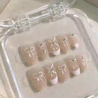 计轩 法式芭蕾舞鞋蝴蝶结  穿戴甲 中梯椭圆粉色晕染 可爱